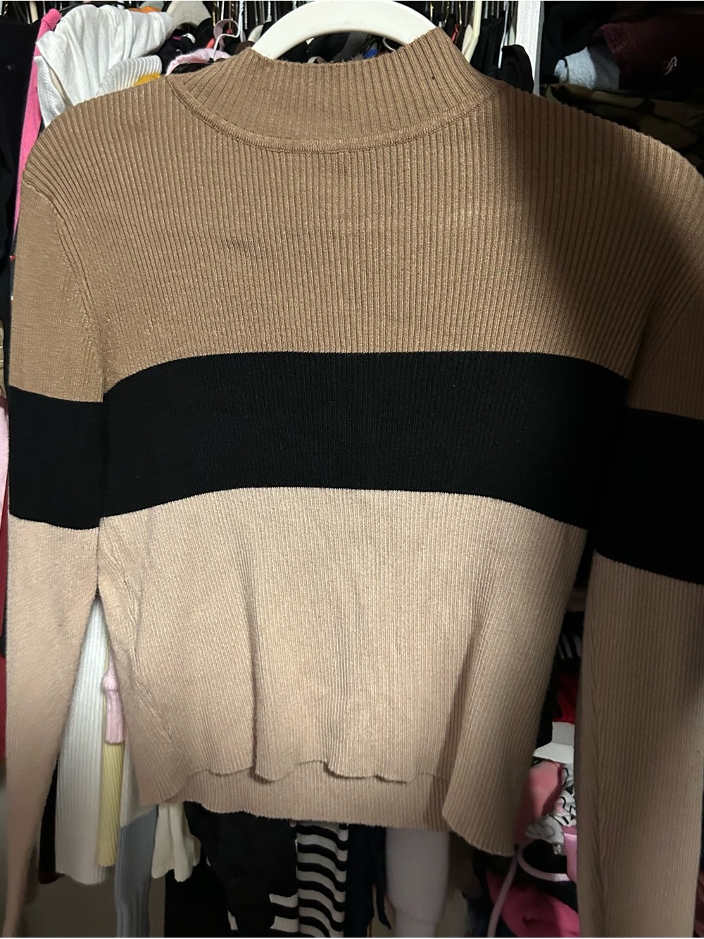 Colorblock Ribbed Turtleneck Sweater in Tan, Black & Beige